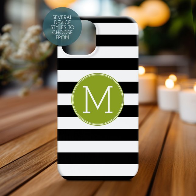 Black and White Striped Pattern Green Monogram Case-Mate iPhone Case (Personalized Phone Case with Monogram)
