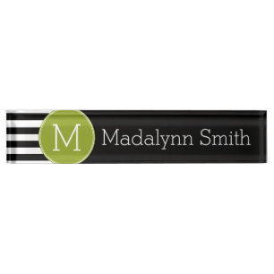 Black and White Striped Pattern Green Monogram Nameplate