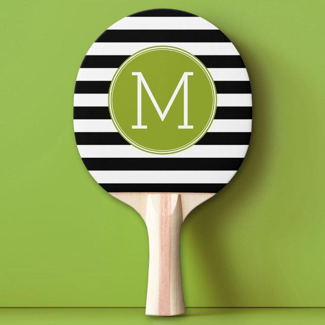 Black and White Striped Pattern Green Monogram Ping Pong Paddle (Custom Ping Pong Paddle)