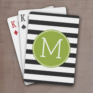 Black and White Striped Pattern Green Monogram Playing Cards