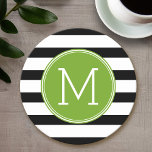 Black and White Striped Pattern Green Monogram Round Paper Coaster<br><div class="desc">A simple design with an area for monograms. If you need to adjust the artwork or change the font,  you can click on the customize area. This will take you to the design tool where you can make many changes.</div>