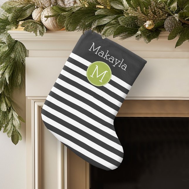 Black and White Striped Pattern Green Monogram Small Christmas Stocking (Personalized Christmas Stocking)