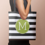 Black and White Striped Pattern Green Monogram Tote Bag<br><div class="desc">A simple design with an area for monograms. If you need to adjust the artwork or change the font,  you can click on the customize area. This will take you to the design tool where you can make many changes.</div>