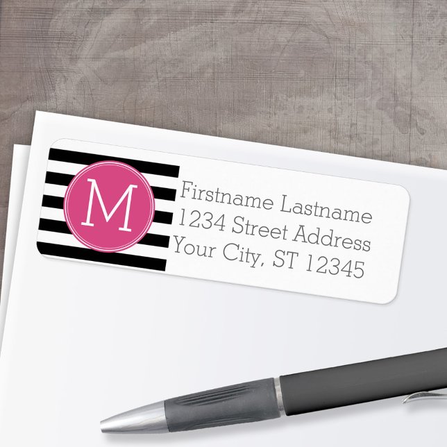 Black and White Striped Pattern Hot Pink Monogram (Custom Return Address Labels - Low Minimum)