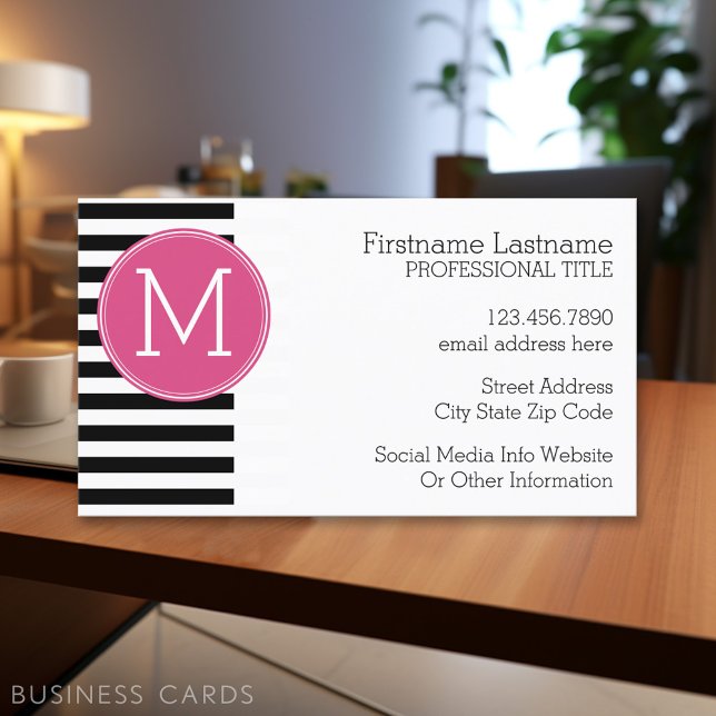 Black and White Striped Pattern Hot Pink Monogram Business Card (Personalized Printed Business Cards)