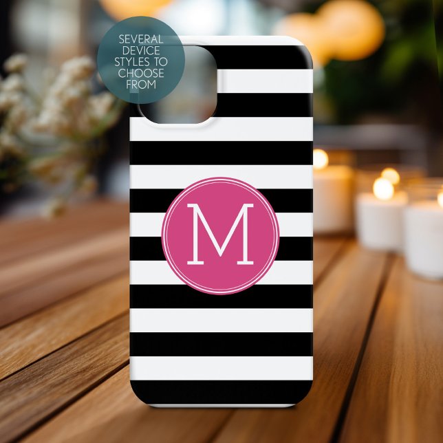 Black and White Striped Pattern Hot Pink Monogram Case-Mate iPhone Case (Personalized Phone Case with Monogram)