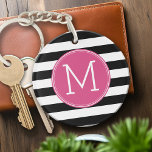 Black and White Striped Pattern Hot Pink Monogram Keychain<br><div class="desc">A bold and modern design with an area for monograms. If you need to adjust the artwork or change the font,  you can click on the customize area. This will take you to the design tool where you can make many changes.</div>