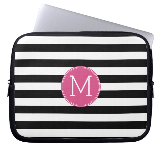 Black and White Striped Pattern Hot Pink Monogram Laptop Sleeve (Front)