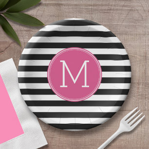 Black and White Striped Pattern Hot Pink Monogram Paper Plate