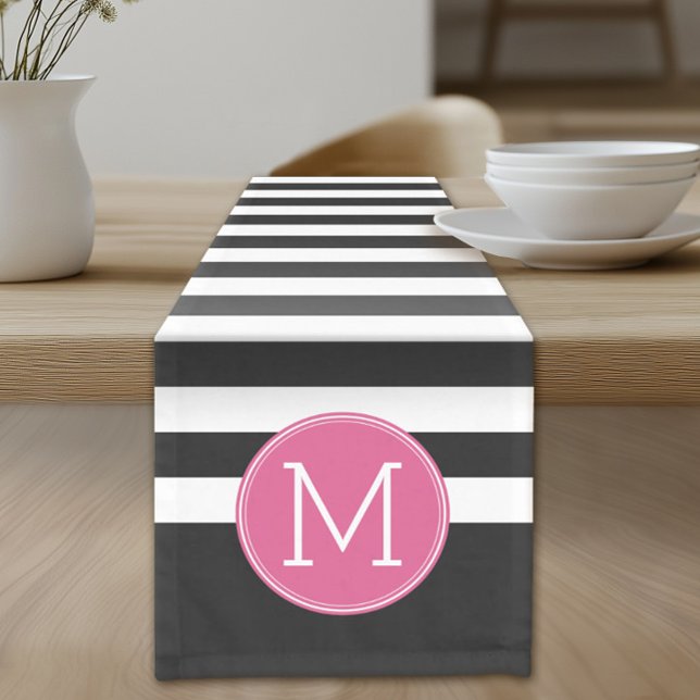 Black and White Striped Pattern Hot Pink Monogram Short Table Runner (Custom Table Runner)