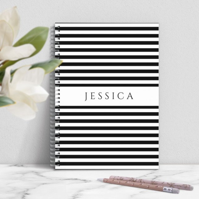 Black And White Striped Pattern Name Notebook (Personalized Black And White Stripes Notebook)
