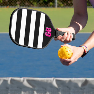 Black and White Striped Pattern Pink Monogram  Pickleball Paddle