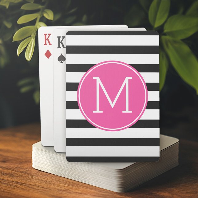 Black and White Striped Pattern Pink Monogram Playing Cards (Custom Poker Playing Cards)