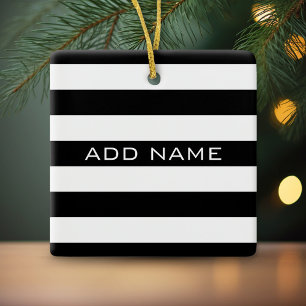 Black and White Striped Pattern with Name Ceramic Ornament