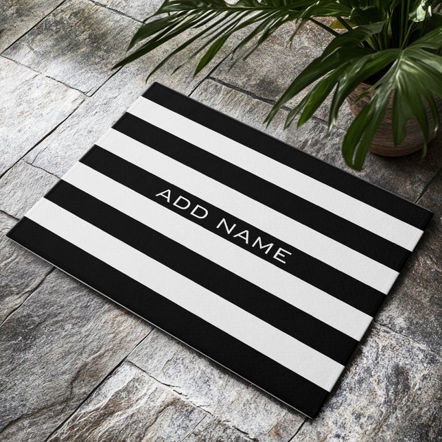 Black and White Striped Pattern with Name Doormat (Custom Welcome Mat)