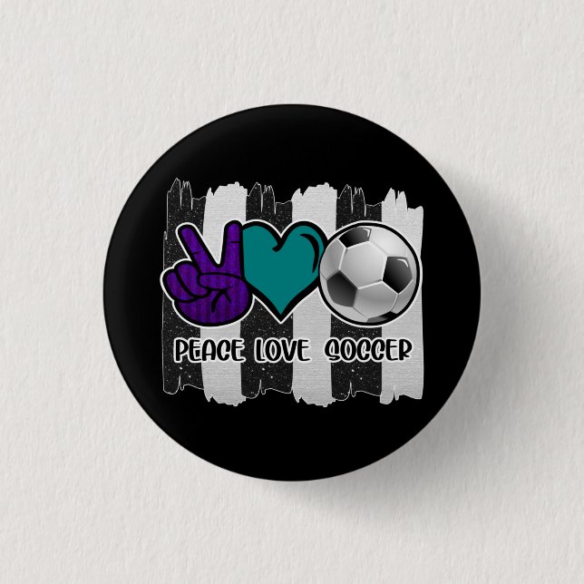 Black and White Striped Peace Love Soccer 1 Inch Round Button (Front)