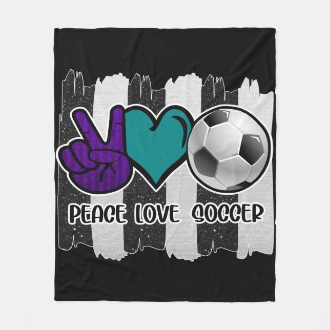 Black and White Striped Peace Love Soccer Fleece Blanket (Front)