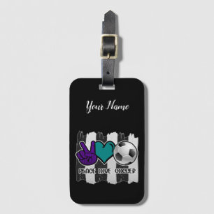 Black and White Striped Peace Love Soccer Luggage Tag