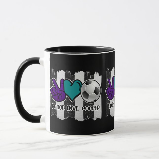Black and White Striped Peace Love Soccer Mug (Left)