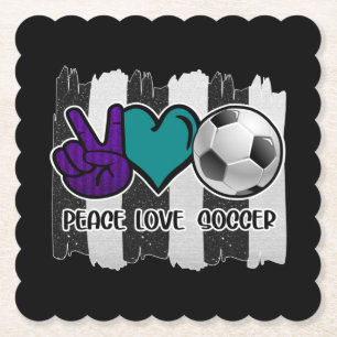 Black and White Striped Peace Love Soccer Paper Coaster