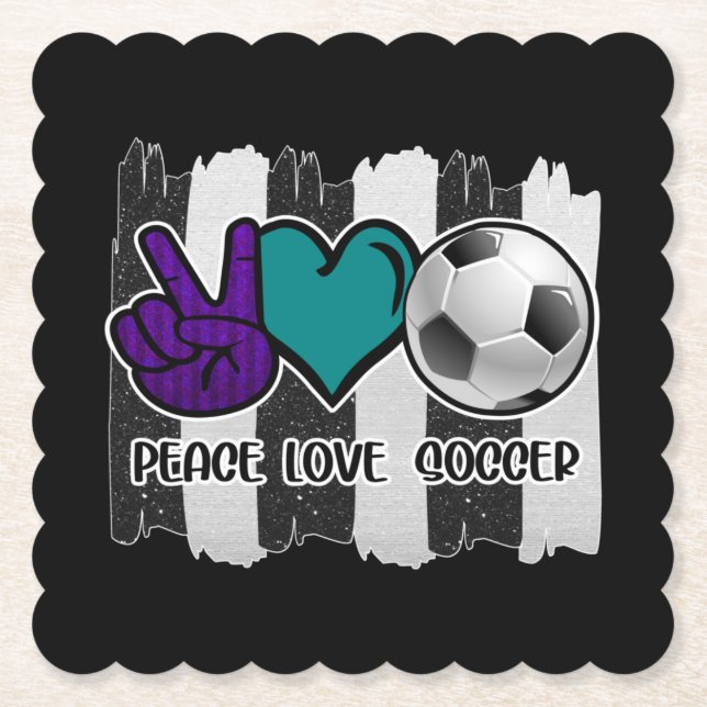 Black and White Striped Peace Love Soccer Paper Coaster (Front)