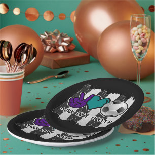 Black and White Striped Peace Love Soccer Paper Plate