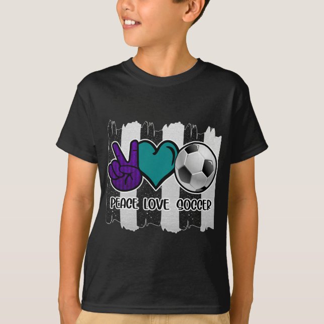 Black and White Striped Peace Love Soccer T-Shirt (Front)