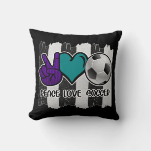 Black and White Striped Peace Love Soccer Throw Pillow
