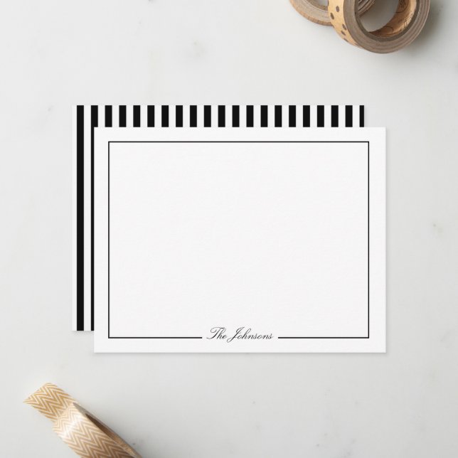 Black and White Striped Personalized Stationery Card (Front/Back In Situ)
