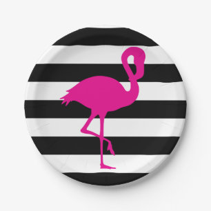 Black and White Striped Pink Flamingo Paper Plate