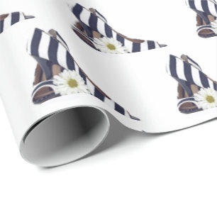 black and white striped pumps with daisy wrapping paper