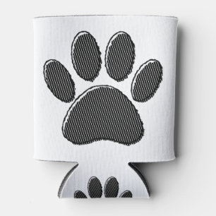 Black and White Striped Puppy Paw Print Can Cooler