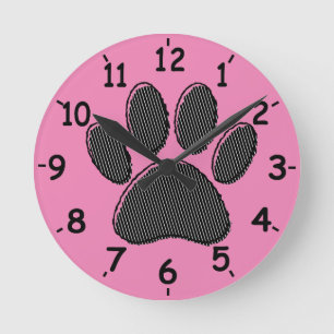 Black and White Striped Puppy Paw Print On Pink Round Clock