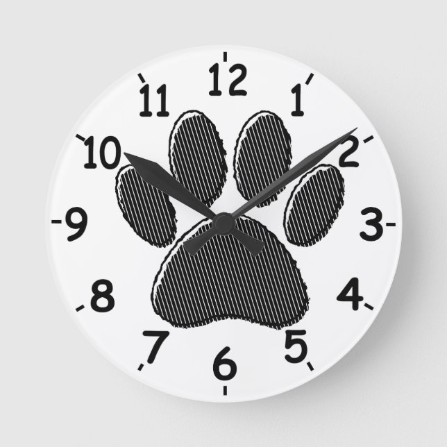 Black and White Striped Puppy Paw Print Round Clock (Front)