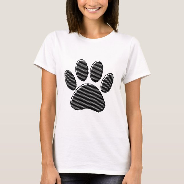 Black and White Striped Puppy Paw Print T-Shirt (Front)