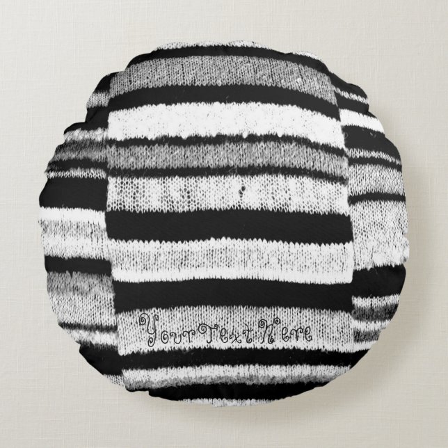 black and white striped shabby chic knitted round pillow (Front)