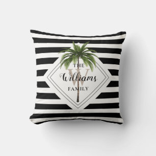 Black And White Striped Tropical Monogram Name Throw Pillow