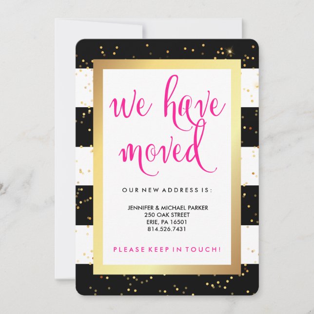Black and White Stripes and Gold Change of Address Announcement (Front)