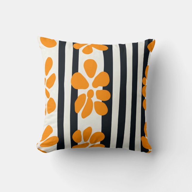 Black and White Stripes and Orange MOD Flowers Throw Pillow (Front)