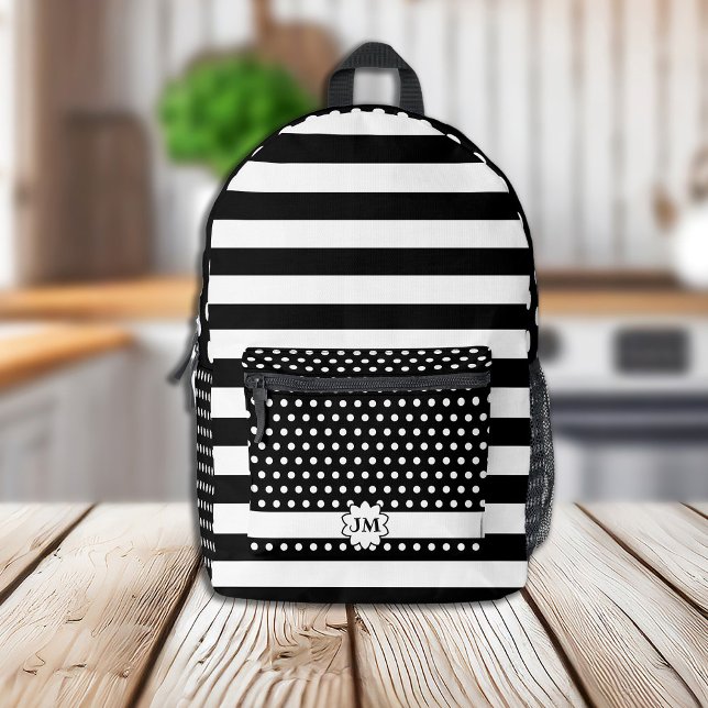 Black and White Stripes and Polka Dots w Monogram Printed Backpack (Creator Uploaded)
