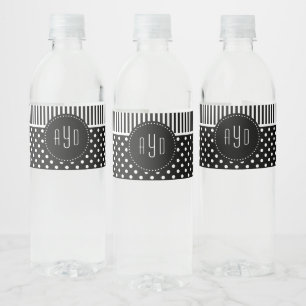 Black and white stripes and polka dotted monogram water bottle label