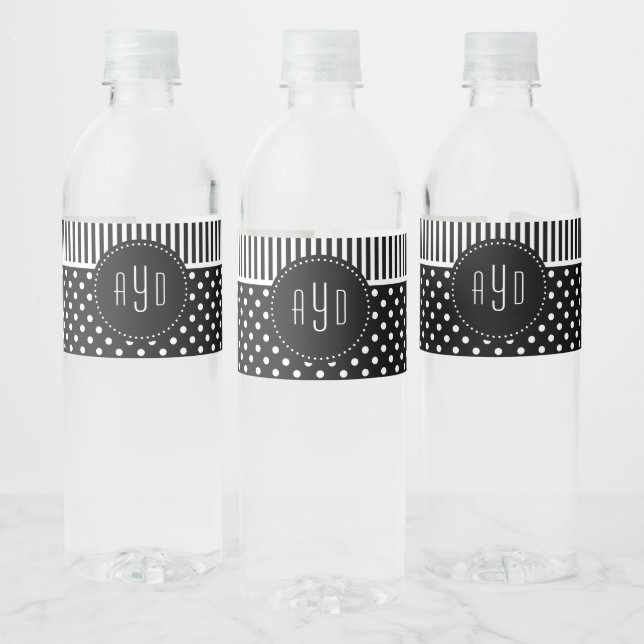 Black and white stripes and polka dotted monogram water bottle label (Bottles)