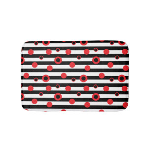 Black and white stripes and red circles pattern bath mat