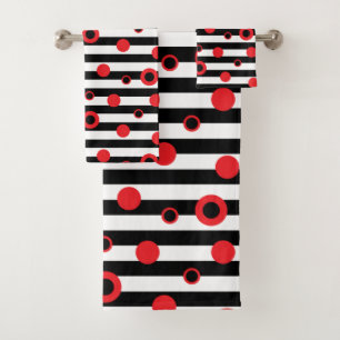 Black and white stripes and red circles pattern bath towel set