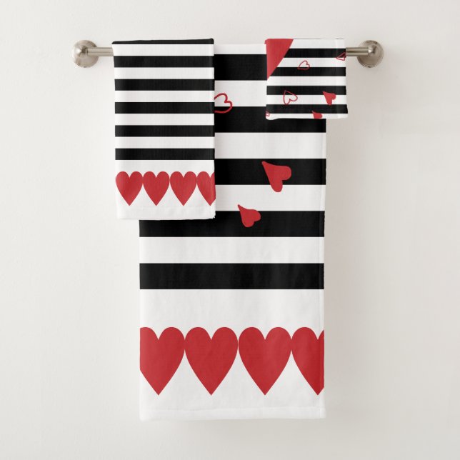 Black-and-white stripes and red hearts bath towel set (Insitu)