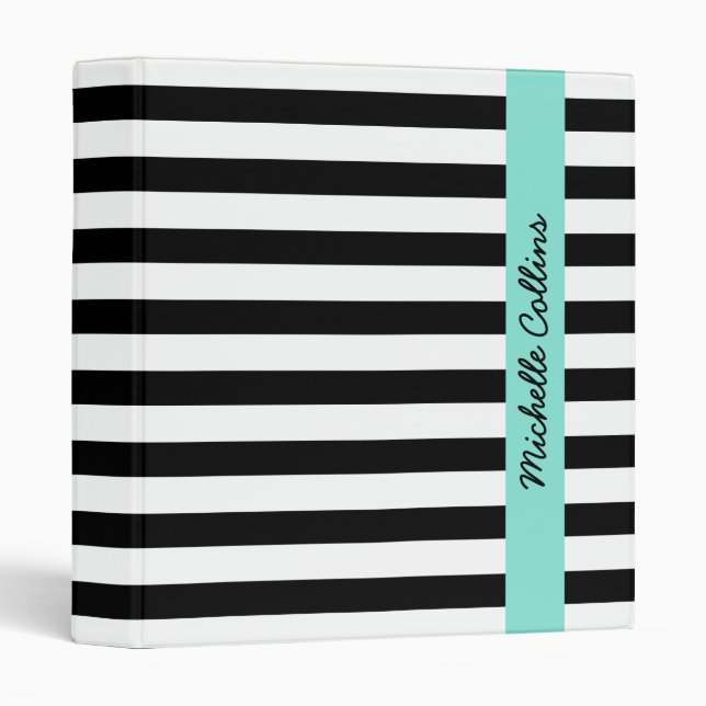 Black and white stripes aqua personalized name binder (Front/Spine)