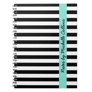 Black and white stripes aqua personalized name notebook
