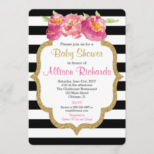 black and white stripes baby shower invitation