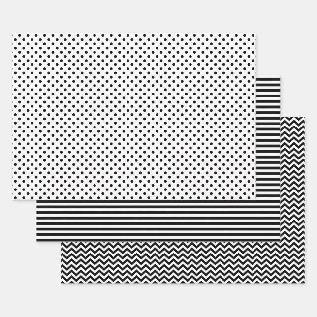 Black and White Stripes Chevron Polka Dots Wrapping Paper Sheet (Set)