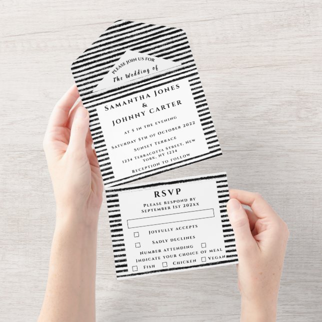 Black and White Stripes Chic Elegant Wedding All In One Invitation (Tearaway)